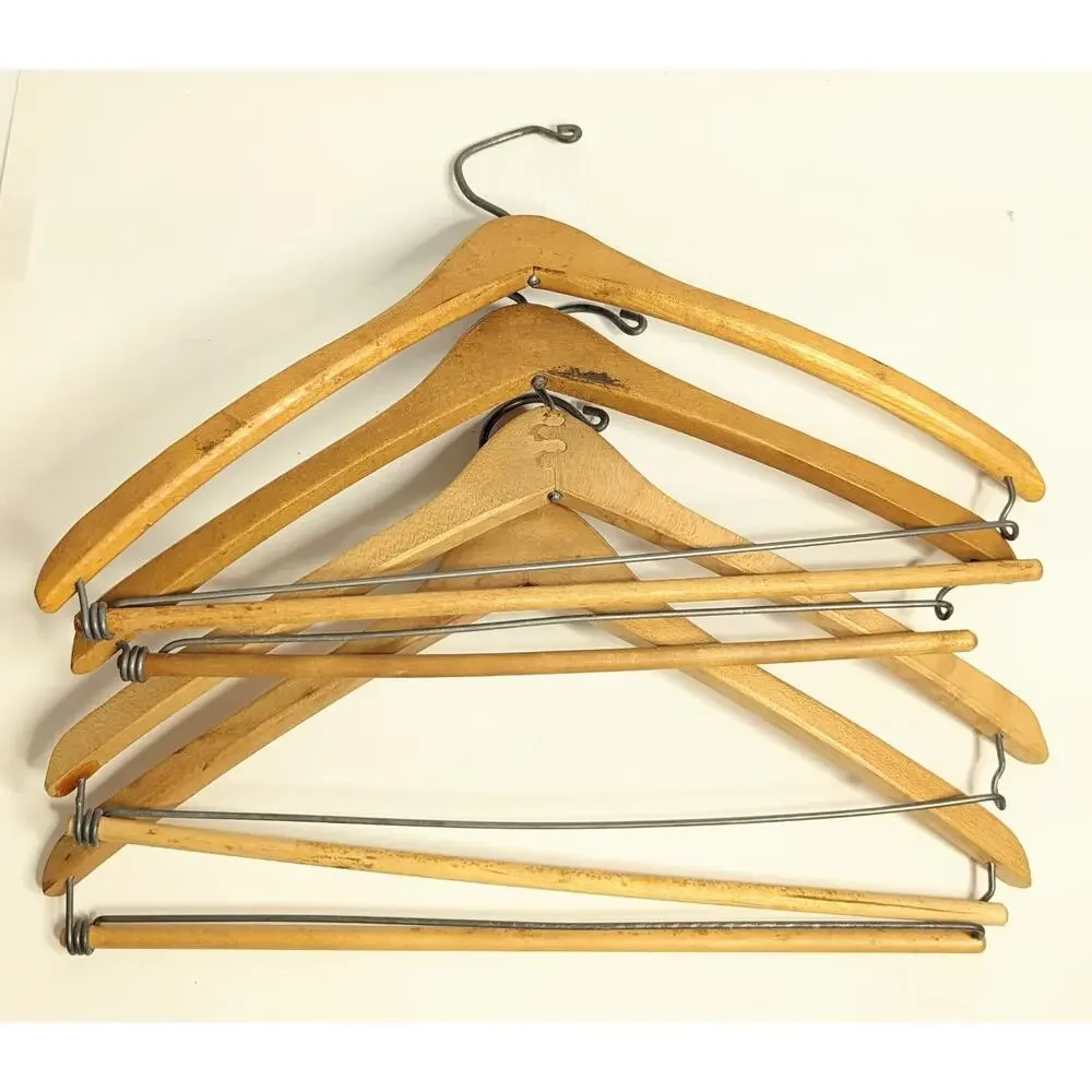 4 Vintage Wooden Hangers with bar for pants metal hooks Mixed lot